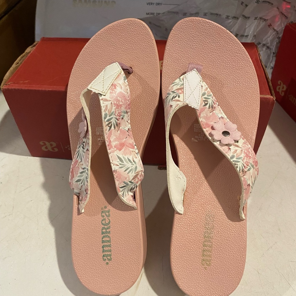 ANDREA FENZI Pink and White Sandals with Metallic Floral Design